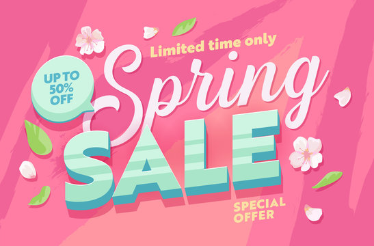 Spring Sale Abstract Flower Background Horizontal Banner. Promotion Discount Season Advertising Special Price Poster. Hot Deal Limited Offer Message Design Flat Vector Illustration