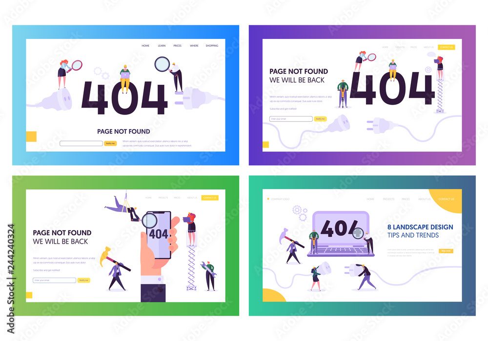 Poster 404 landing page error set. broken unplug socket sign for under construction service layout. funny c