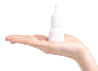 Nose spray in hand health medicine on white background isolation