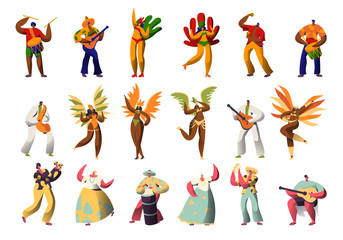 Brazilian Carnival Character Costume Set. Latino Woman in Feather Bikini Dress Dance at Rio de Janeiro Festival. Man Play Maraca and Guitar for Brazil National Holiday Flat Cartoon Vector Illustration