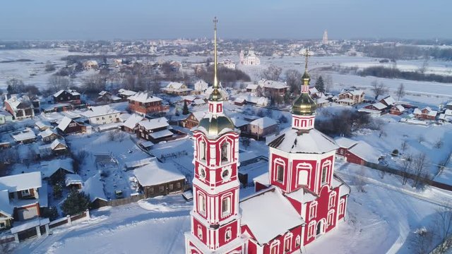 Panoramic view of the winter Suzdal with the Church of Boris and Gleb in the foreground