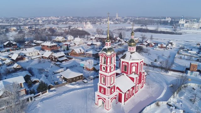 Aerial shot of the Church of Boris and Gleb in Suzdal, Golden ring of Russia