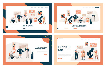 Art Gallery People Visitor Landing Page Set. Man Character in Museum Exhibition Looking to Artwork on Wall. Drawing Public Exposition Concept for Website or Web Page Flat Cartoon Vector Illustration