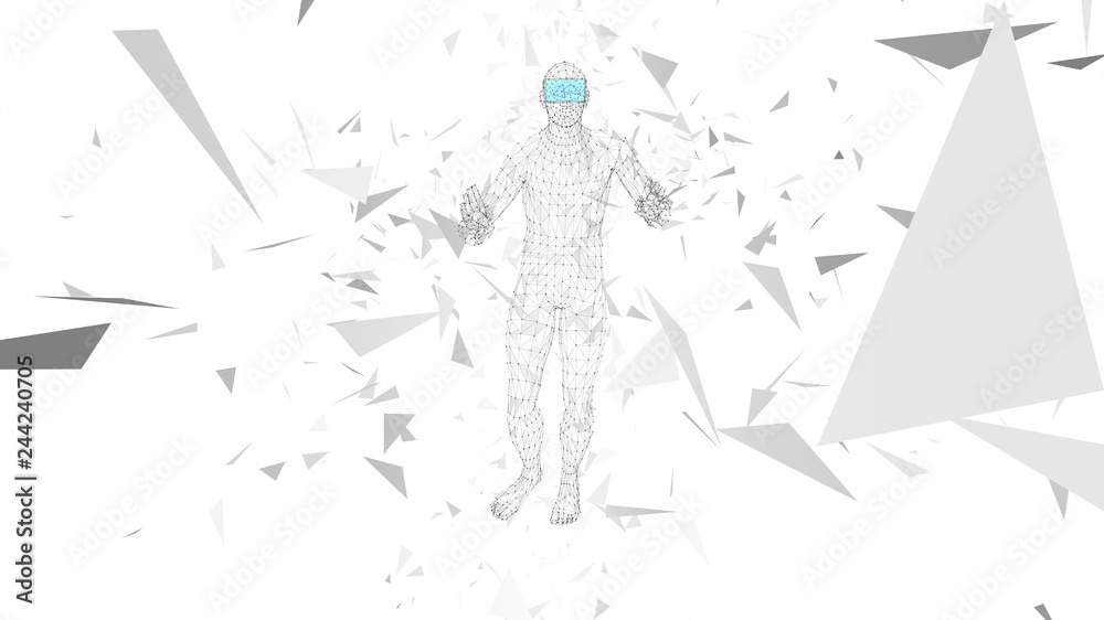 Poster man with glasses of virtual reality. future technology concept. abstract vr world with connecting li