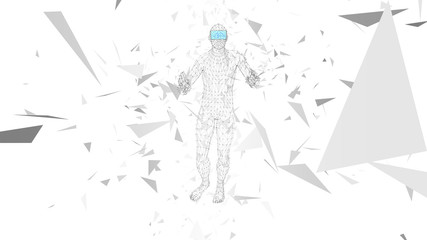 Man with glasses of virtual reality. Future technology concept. Abstract vr world with connecting lines, dots and triangles. 3D vector illustration.