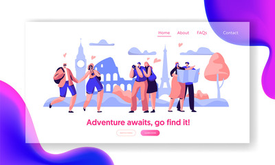 People Group Travel Take Photo Sight Landing Page Template. Happy Man Character in Vacation with Backpack, Camera and Map Concept for Website or Web Page. Flat Cartoon Vector Illustration