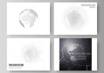 Vector layout of the presentation slides design business templates. Futuristic geometric design with world globe, connecting lines and dots. Global network connections, technology digital concept.