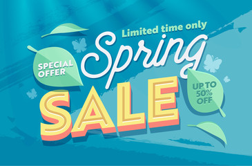Spring Sale Green Natural Horizontal Banner Template. Promo Discount Season Offer Hot Price Poster. Clearance Super Deal Card Design with Petal and Leaf for Holiday Flat Vector Illustration - obrazy, fototapety, plakaty