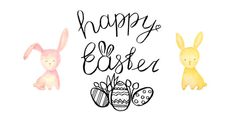 Watercolor drawn set with elements of happy easter. Hand drawn lettering, rabbit, eggs. Ideal for greeting card or logo