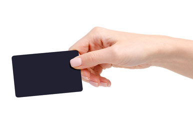 Black plastic card in hand on a white background. Isolation