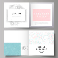 The vector illustration of the editable layout of two covers templates for square design bifold brochure, magazine, flyer, booklet. Topographic contour map, abstract monochrome background.