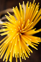 Uncooked pasta spaghetti macaroni, Top view.