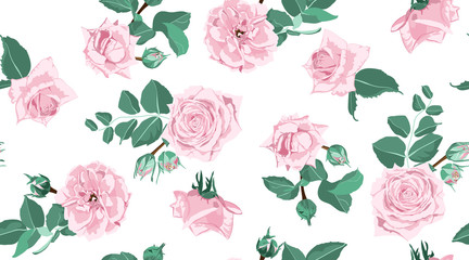 Seamless Floral Rose Pattern with Leaves.