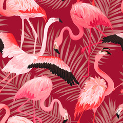 Tropische Flamingo naadloze vector zomer patroon met gouden palmbladeren. Vogel- en bloemenachtergrond voor achtergronden, webpagina& 39 s, textuur, textiel