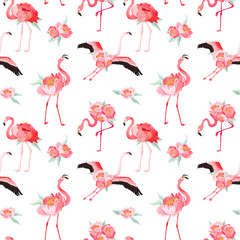 Tropical Flamingo seamless vector summer pattern with peony flowers. Floral and Bird background for wallpapers, web page, texture, textile, backdrop