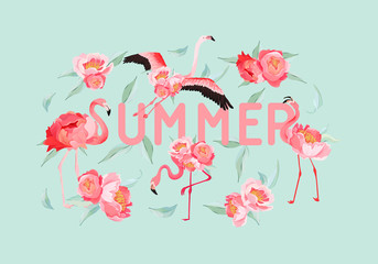 Obraz na płótnie Canvas Tropical Flamingo vector summer flyer, banner with peony flowers background. Floral and Bird Graphic for wallpaper, web page, backdrop