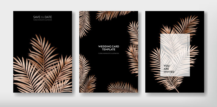 Tropical trendy greeting or invitation card template design, set of poster, flyer, brochure, cover, party advertisement, golden palm leaves in vector