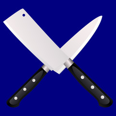 Two kitchen knives cross on a colored background.
