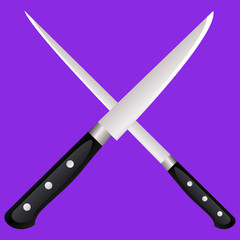 Two kitchen knives cross on a colored background.