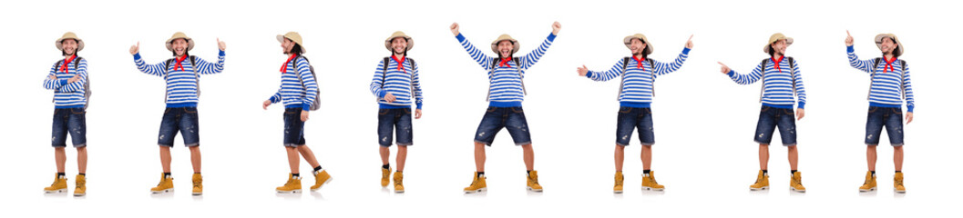 A tourist with bags isolated on white