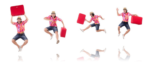 Tourist with suitcase isolated on white