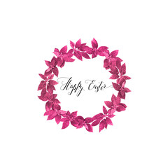 Watercolor round wreath with pink fresh leaves, Easter calligraphy.