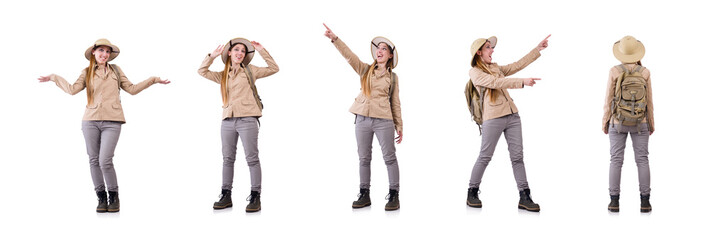 Woman wearing safari hat on white