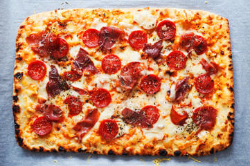 Homemade delicious Italian pizza with sausage, cheese and prosciutto top view 