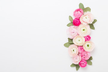 Beautiful colored ranunculus flowers on a white background. Spring greeting card.