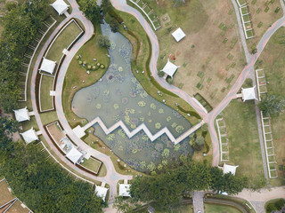 Aerial of pond with zig zag walkway in the middle.