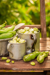 Fresh and green broad beans on old wooden chair
