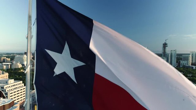 4K Close Aerial Texan Flag Austin