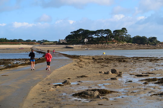 Carantec, deux joggeuses courant sur la route menant vers l&rsquo;&icirc;le Callot, en Bretagne (France)