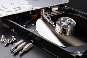 Repair and diagnostics of hard disk. Service of computer parts in the workshop.