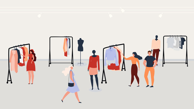 People Buying Clothes in Shop Flat Vector Concept