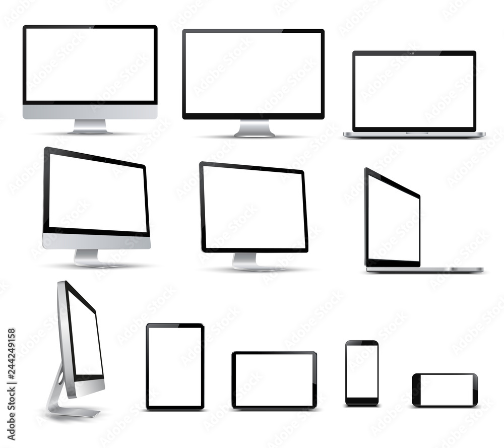 Poster set technology devices with white display, view from the side - for stock