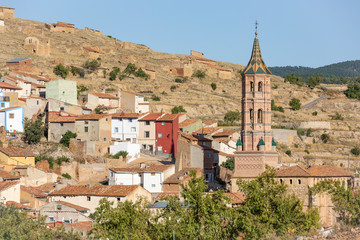 a view of Monterde village and the Church of Our Lady of the Assumption, province of Zaragoza, Aragon, Spain