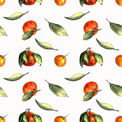 Obraz premium Seamless pattern with mandarins and leaves on white background. Drawing markers