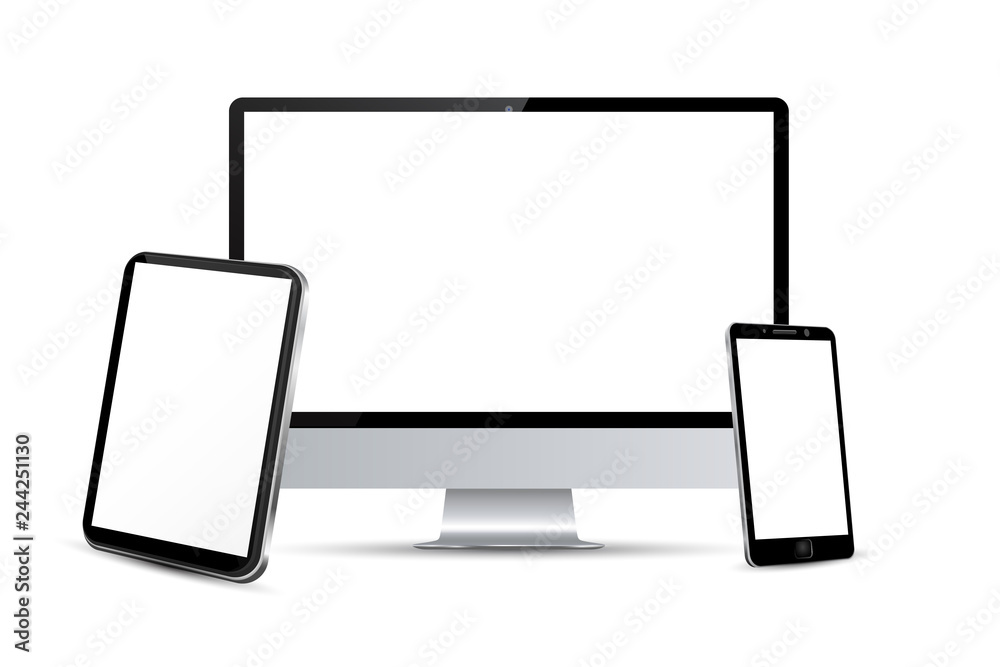 Poster set technology devices with white display, view from the side - vector
