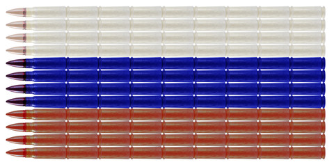 Abstract Russian national flag tricolor made of military bullets on white background isolated