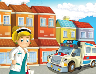 cartoon scene in the city with doctor car happy ambulance - illustration for children