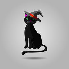 Halloween black cat in witch hat. Vector animal isolated on gray background. Witch cat in hat