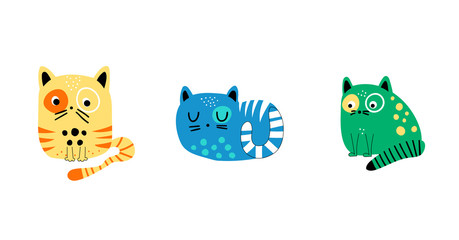 Set of three funny colorful cats
