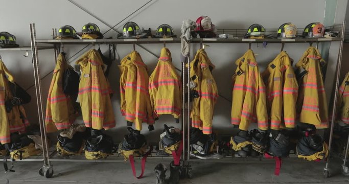 Firefighter gear hanging in fire station