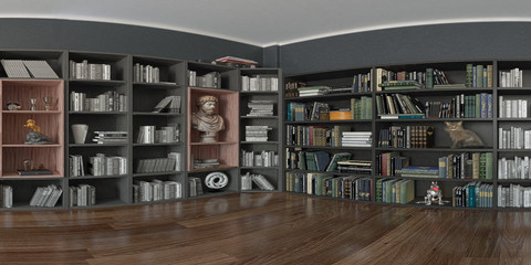 Stanza di un interno domestico, casa, salatto, studio con libreria e gatto, illustrazione 3d, rendering 3d