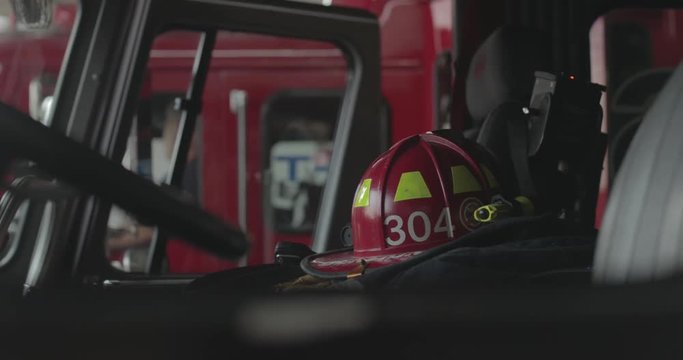 Firefighter helmet inside fire truck