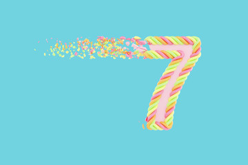 Shattering number 7 3D realistic raster illustration. Alphabet number with marshmallow texture. Isolated design element.