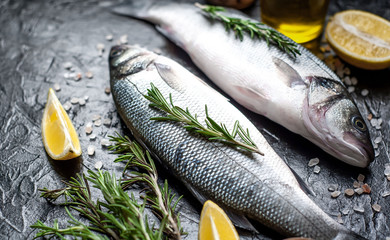 Fresh fish sea bass. Raw sea bass fish with spices and herbs ingredients on concrete. 