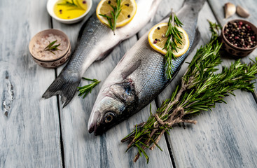Fresh fish sea bass. Sea bass raw fish with ingredients spices and herbs on wooden background