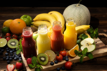 Selection of fresh citrus juices. Detox drinks